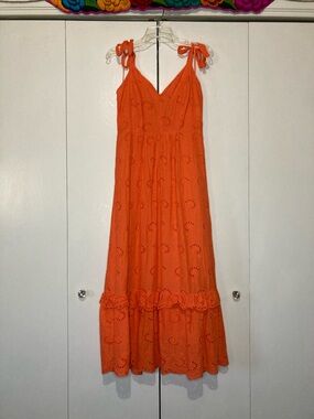 Taylor Medium Cotton Creamsicle Orange All Over Eyelet Lace Lined Maxi Sun Dress